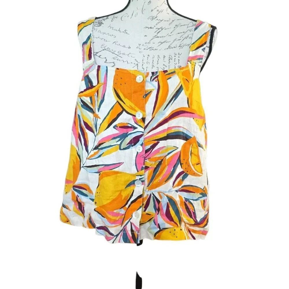 C&C California Women's Size Large Yellow Pink Tropical Button Down Linen Tank
